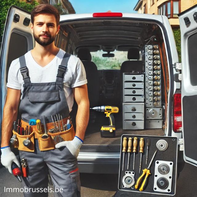 locksmith arriving urgently with a van, fully equipped to handle common locksmith tasks. The scene shows the locksmith wearing work attire