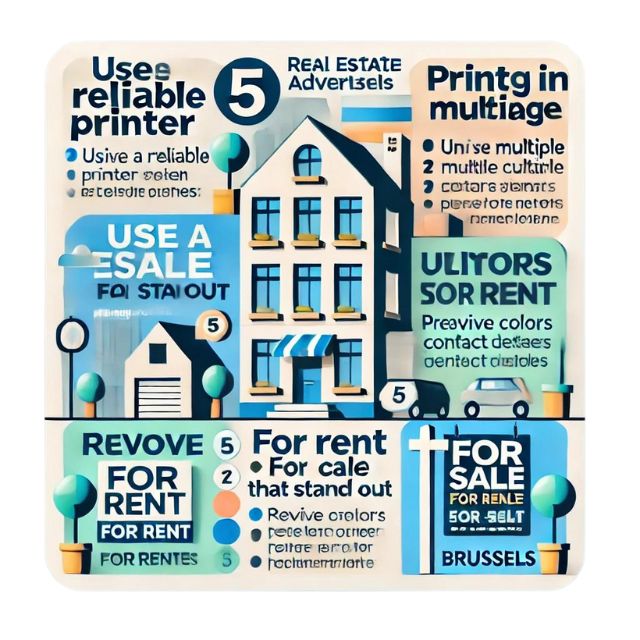 Image informative résumant 5 conseils clés pour la publicité immobilière à Bruxelles. Elle met en avant l'importance d'utiliser un imprimeur fiable, d'imprimer en plusieurs langues, d'utiliser des couleurs attrayantes, d'indiquer des coordonnées claires et de retirer les affiches obsolètes. L'image contient des éléments comme des panneaux 'À vendre' ou 'À louer', des immeubles et une typographie professionnelle.